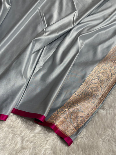 Floral boota Satin katan Silk Saree In Grey Shades SK12