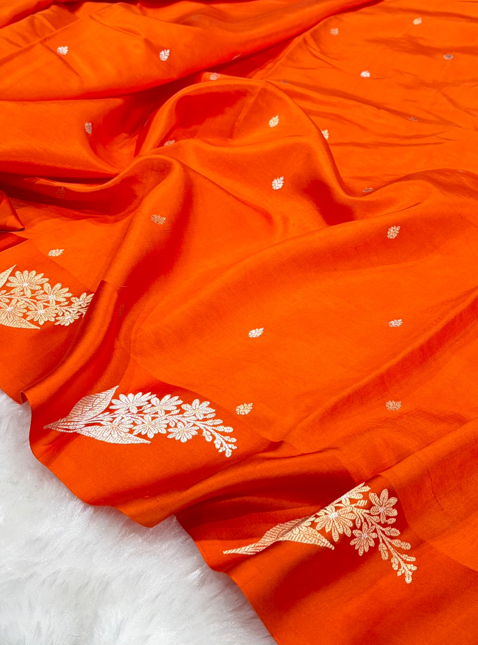 Banarasi Orange Shades Meena Boota Handwoven Pure Katan Paper Silk RM-73