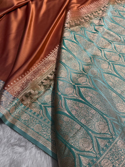 Banarasi Satin Katan Saree in Contrast Copper and Seagreen Shades SK131