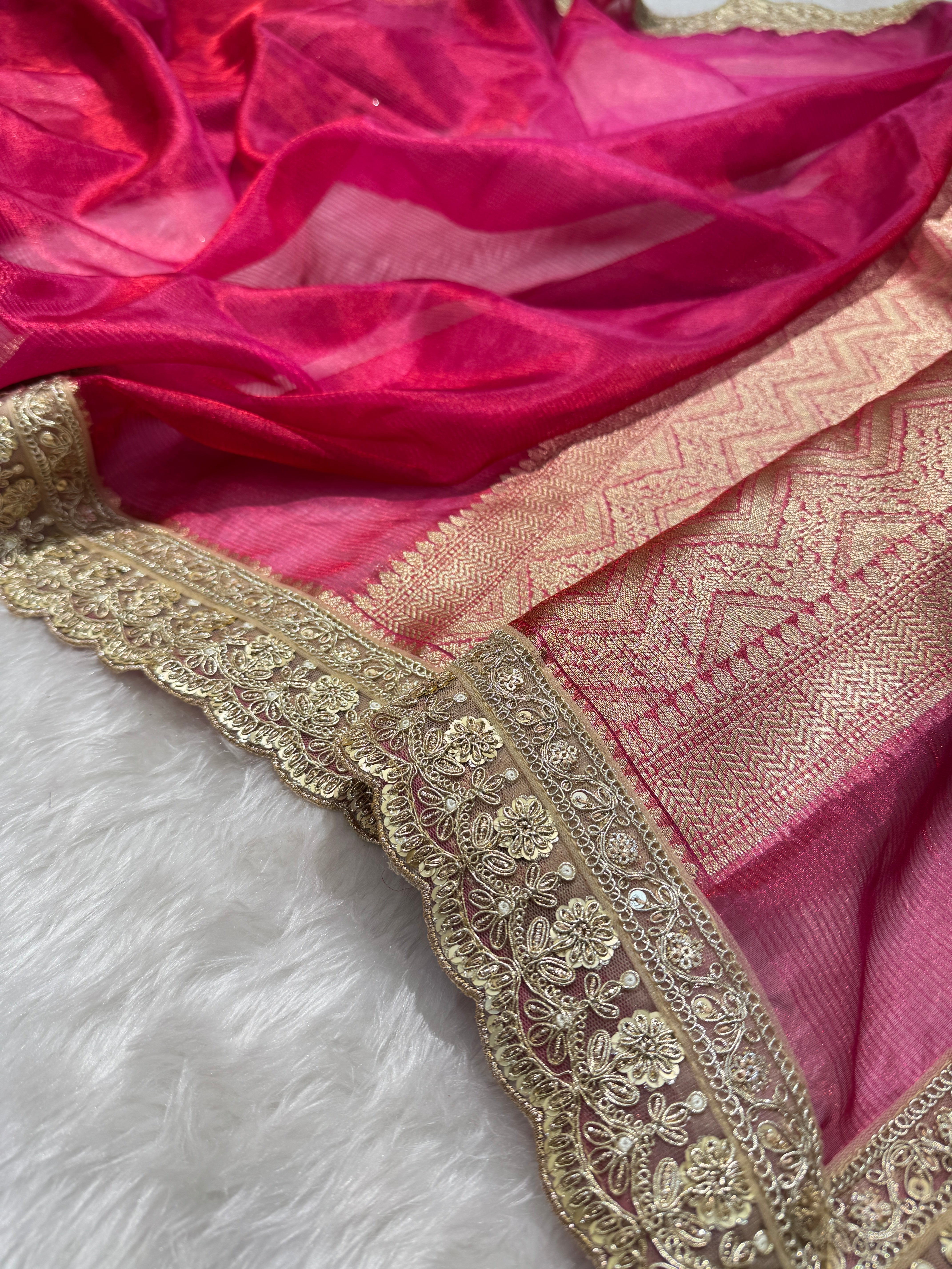 Semi Pure Tissue Silk Saree with Heavy Gotta Patti in Ruby Pink Shades TGP09