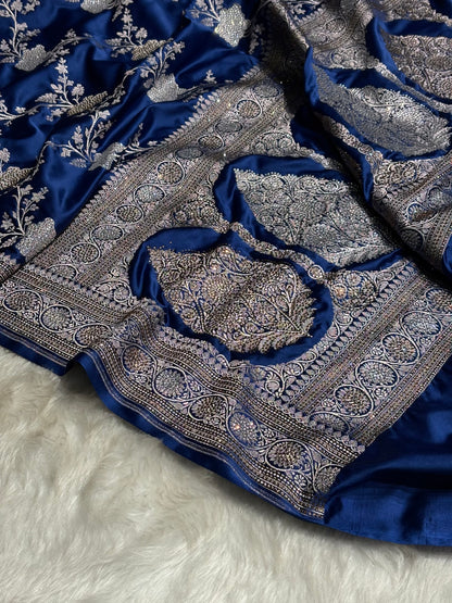 Banarasi Royal Blue Shades Jaal Mashru Silk Saree BMS63