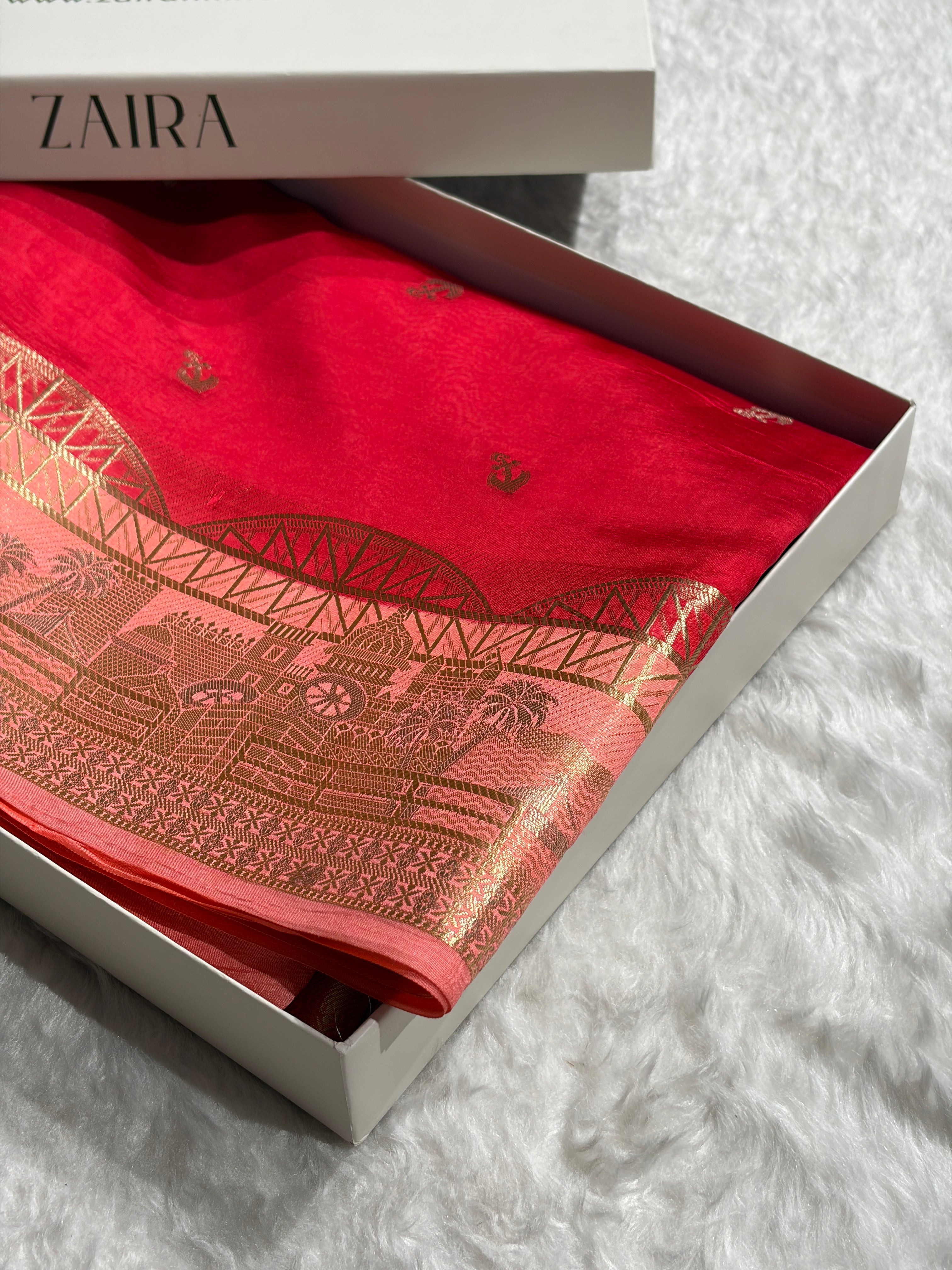 Banarasi Red With Peach Contrast Shade Flower Boota Pure Caramel Mango Silk Saree CS-18