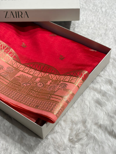 Banarasi Red With Peach Contrast Shade Flower Boota Pure Caramel Mango Silk Saree CS-18