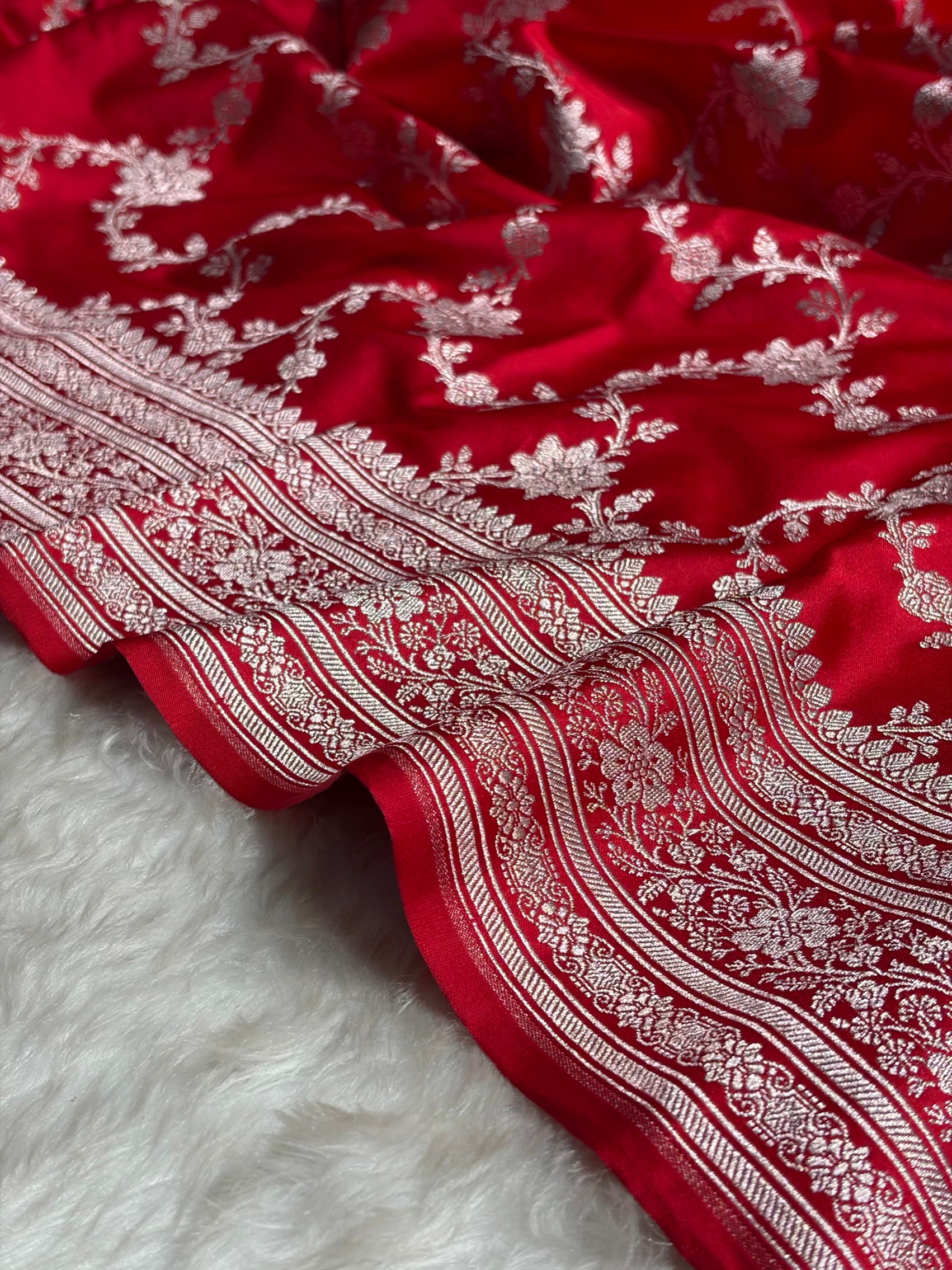 Ruby Red Floral Jaal Mashru Silk Saree MS07