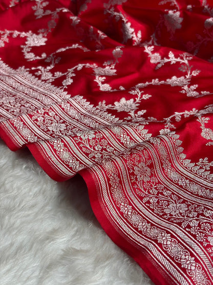 Ruby Red Floral Jaal Mashru Silk Saree MS07