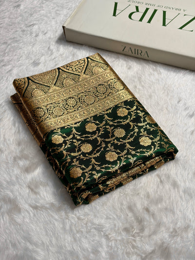 Ultra Light Weight Satin Silk Jaal in Dark Bottle Green Shades SS13