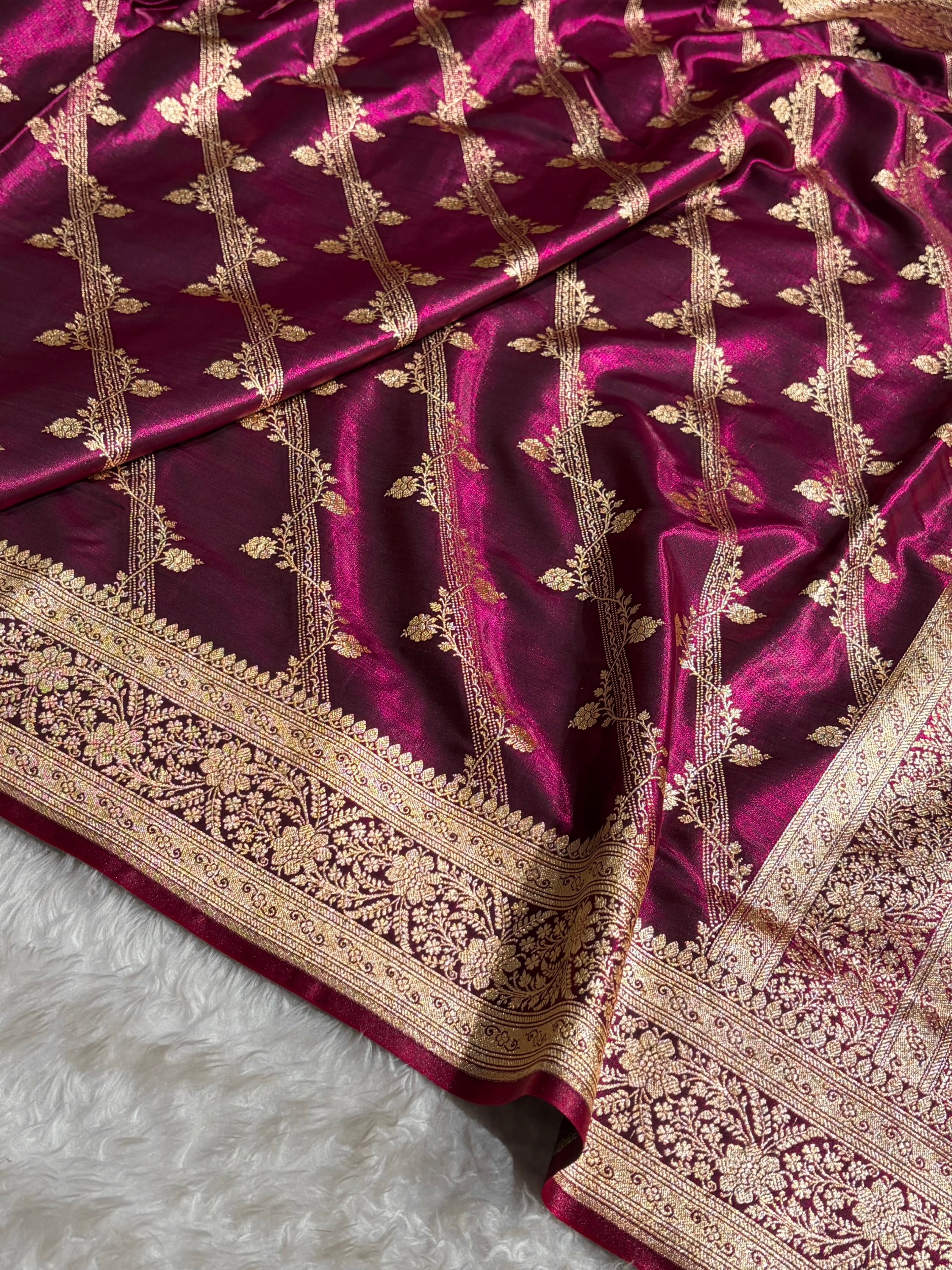 Wine Shades Cross Pattern Banarasi Satin Silk Saree SS50