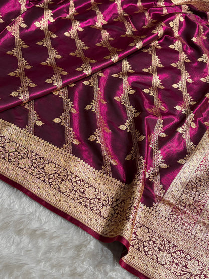 Wine Shades Cross Pattern Banarasi Satin Silk Saree SS50