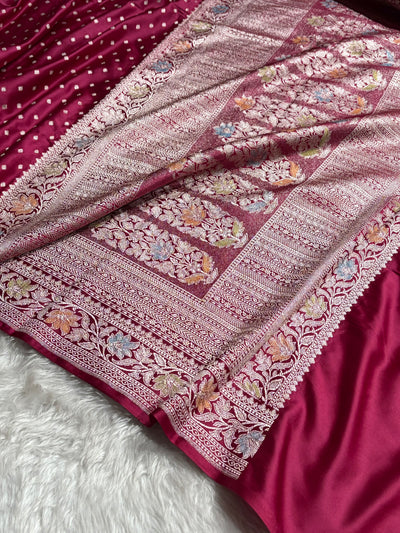 Banarasi Floral Pattern in Deep Magenta Shades Floral Mashru Silk Saree MCS96
