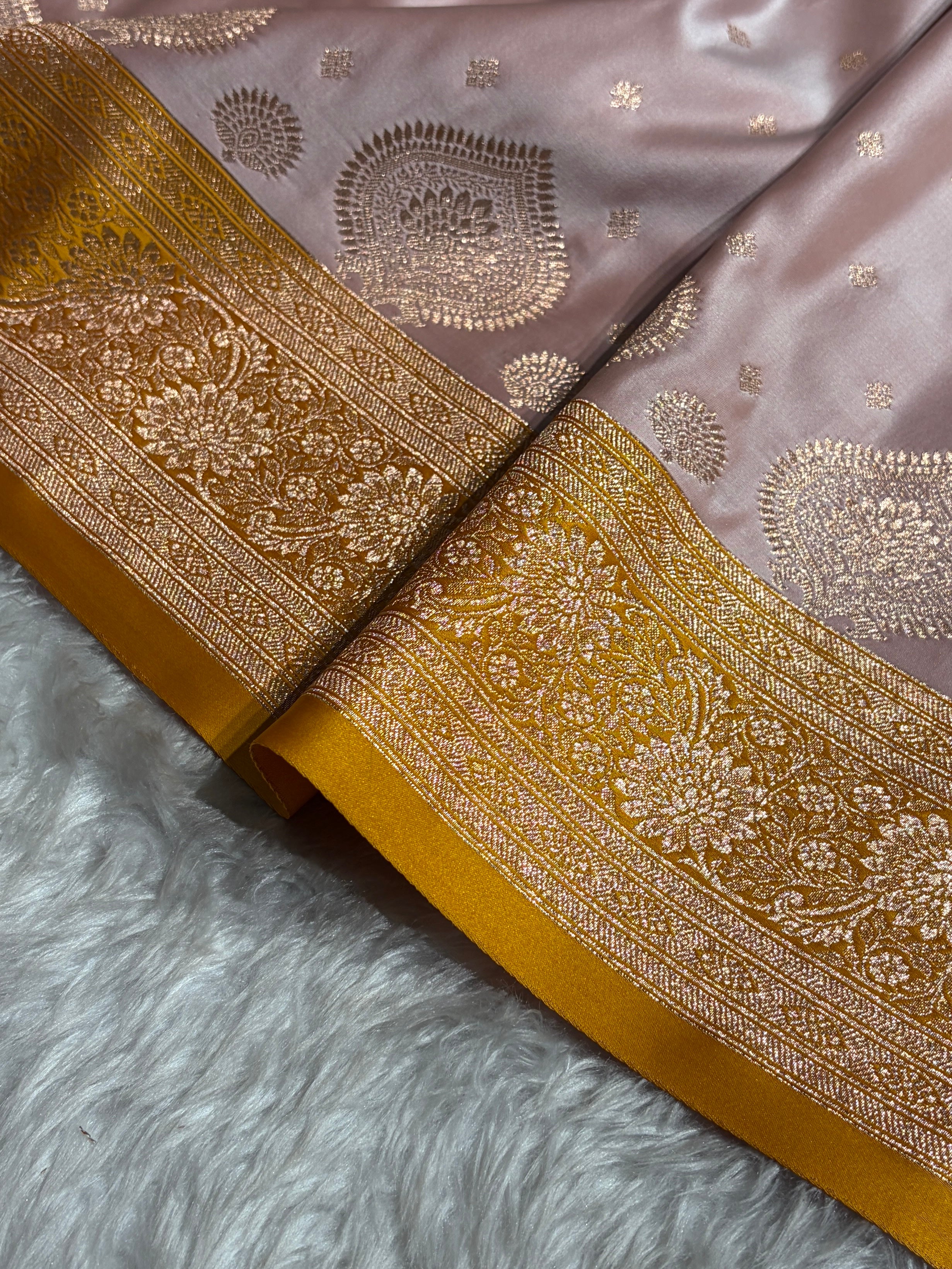 Banarasi Rose Gold with Mustard Booti Satin Katan Silk saree SK29