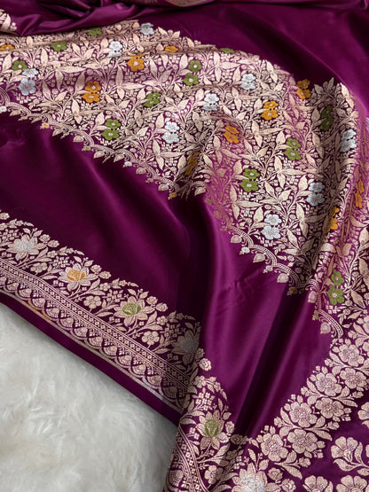 Wine Shades Banarasi Minakari Boota Skirt Pattern Floral Mashru Silk Saree MSM-116