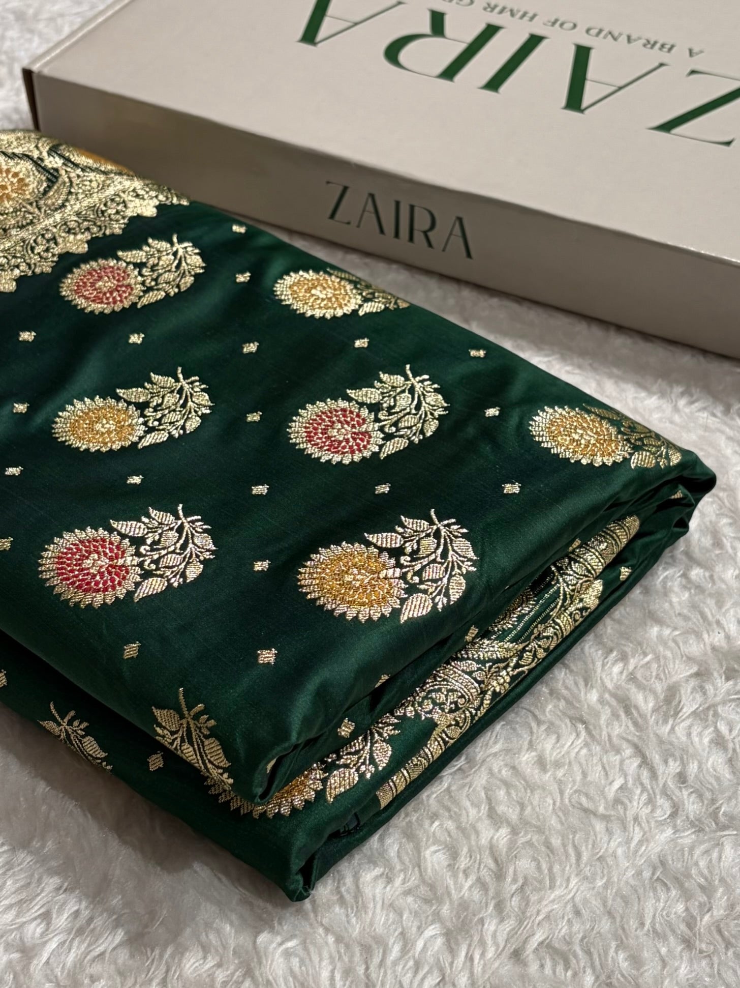 Bottle Green Shades Minakari Booti Satin Katan Silk saree