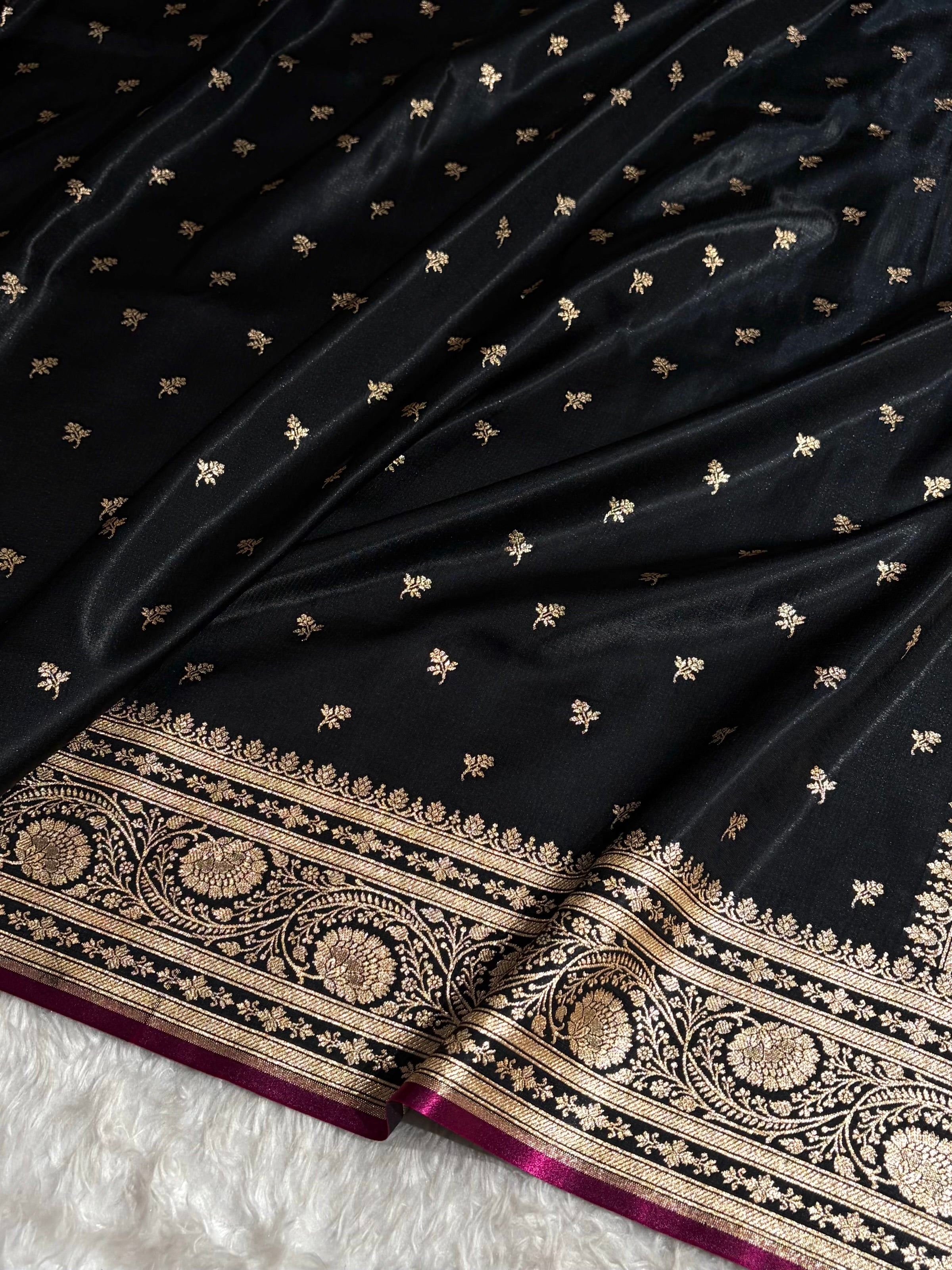 Banarasi Black Shades Cross Pattern Banarasi Satin Silk Saree SS52