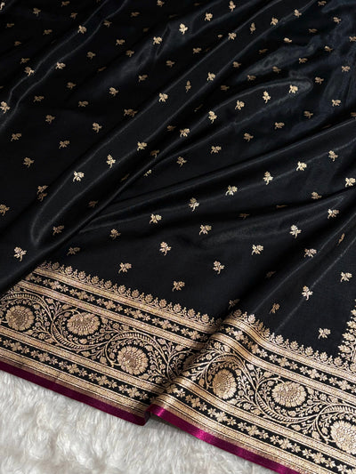 Banarasi Black Shades Cross Pattern Banarasi Satin Silk Saree SS52