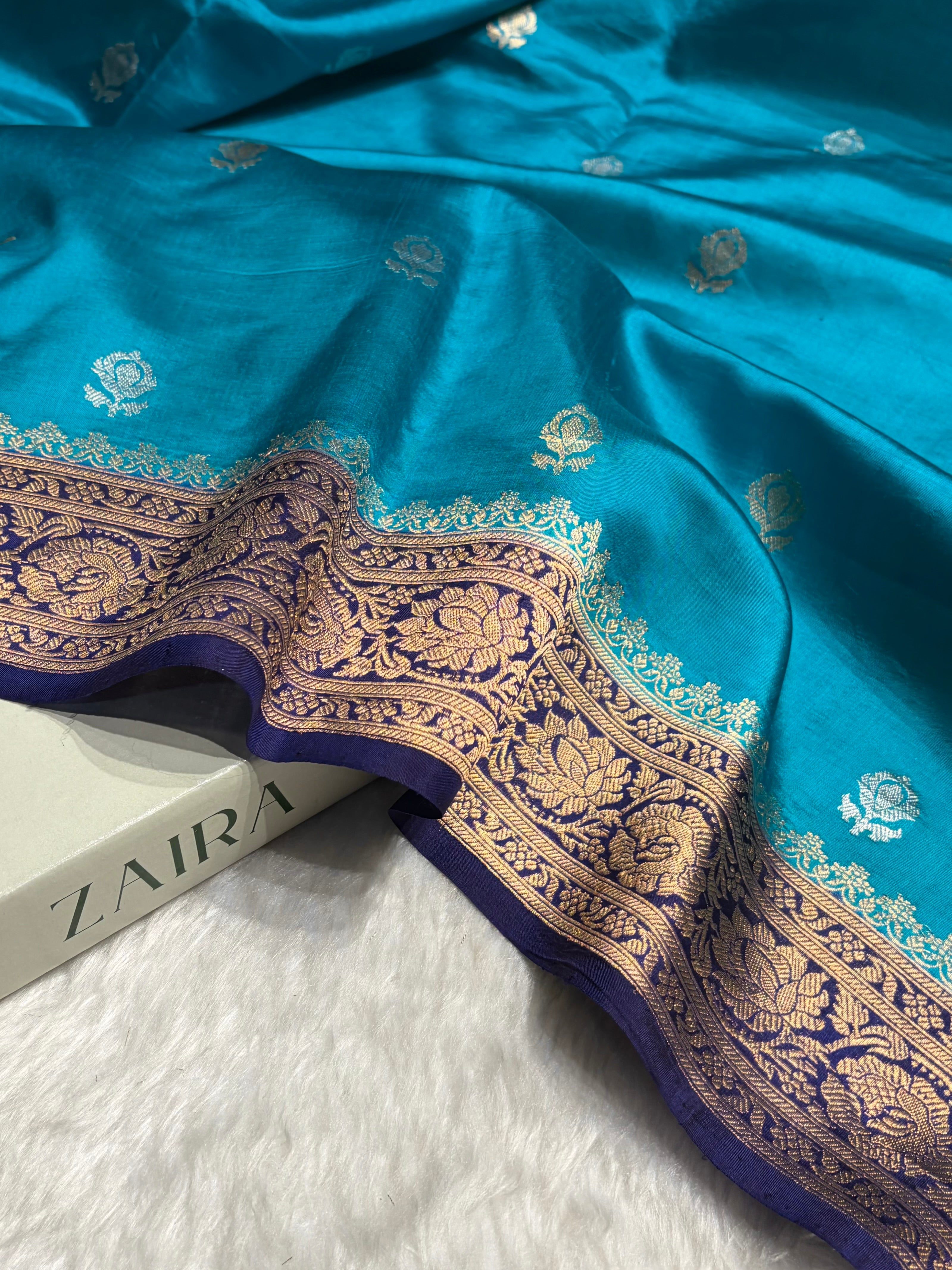 Contrast Firozi With Purple Shades Boota Handwoven Pure Raw Mango Silk RM-07