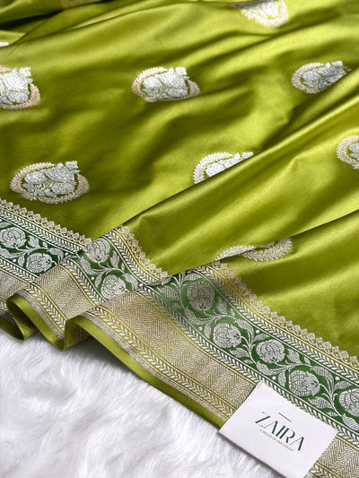 Parrot Green Minakari Boota Mashru Silk Saree MCS35