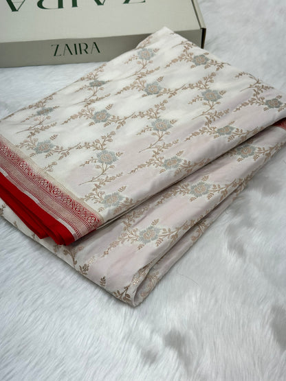 White Minakari Jaal With Red Edge Mashru Silk Saree