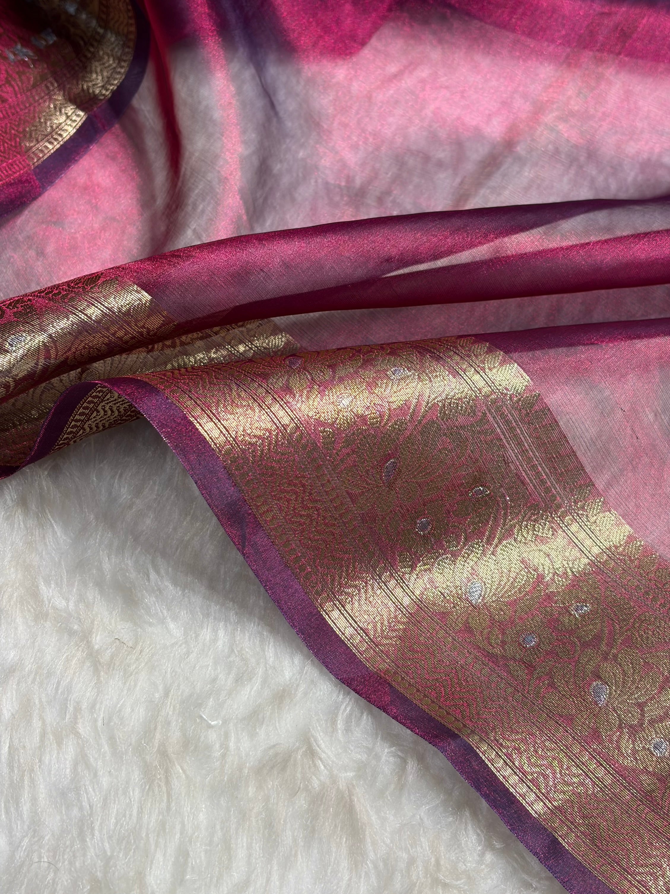 Cross Wine Shades Pure Tissue Silk Saree with Brocade Blouse PT-31