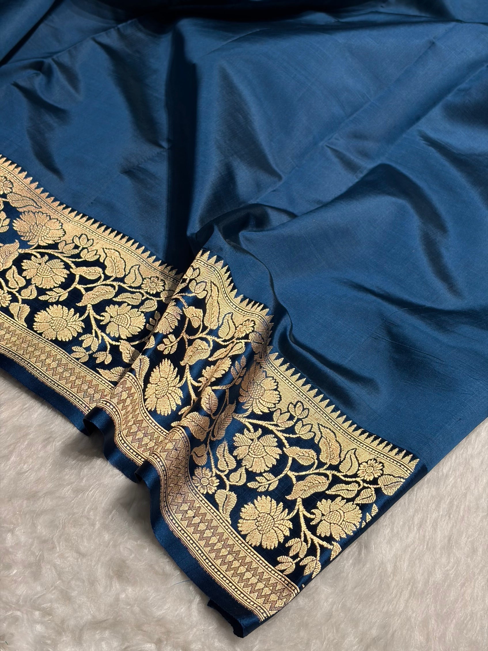 Contrast Pure Banarasi Organza Beige With German Blue Floral Banarasi Silk Saree PO-18