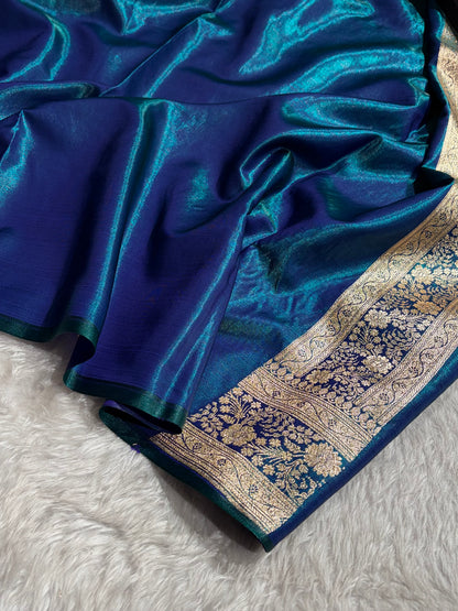 Peacock Shades Jaal Pattern Banarasi Satin Silk Saree SS43