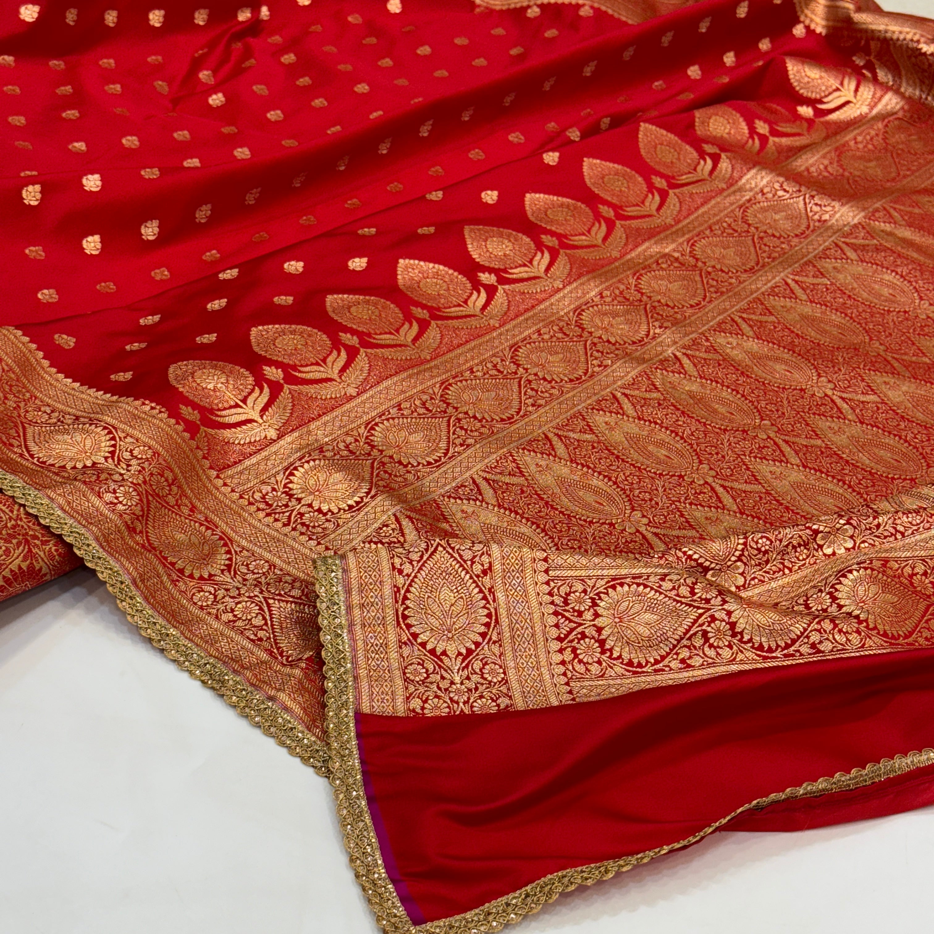 Bridal Red Banarasi Satin Katan Silk Saree with gotta Patti