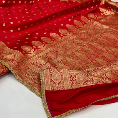 Bridal Red Banarasi Satin Katan Silk Saree with gotta Patti