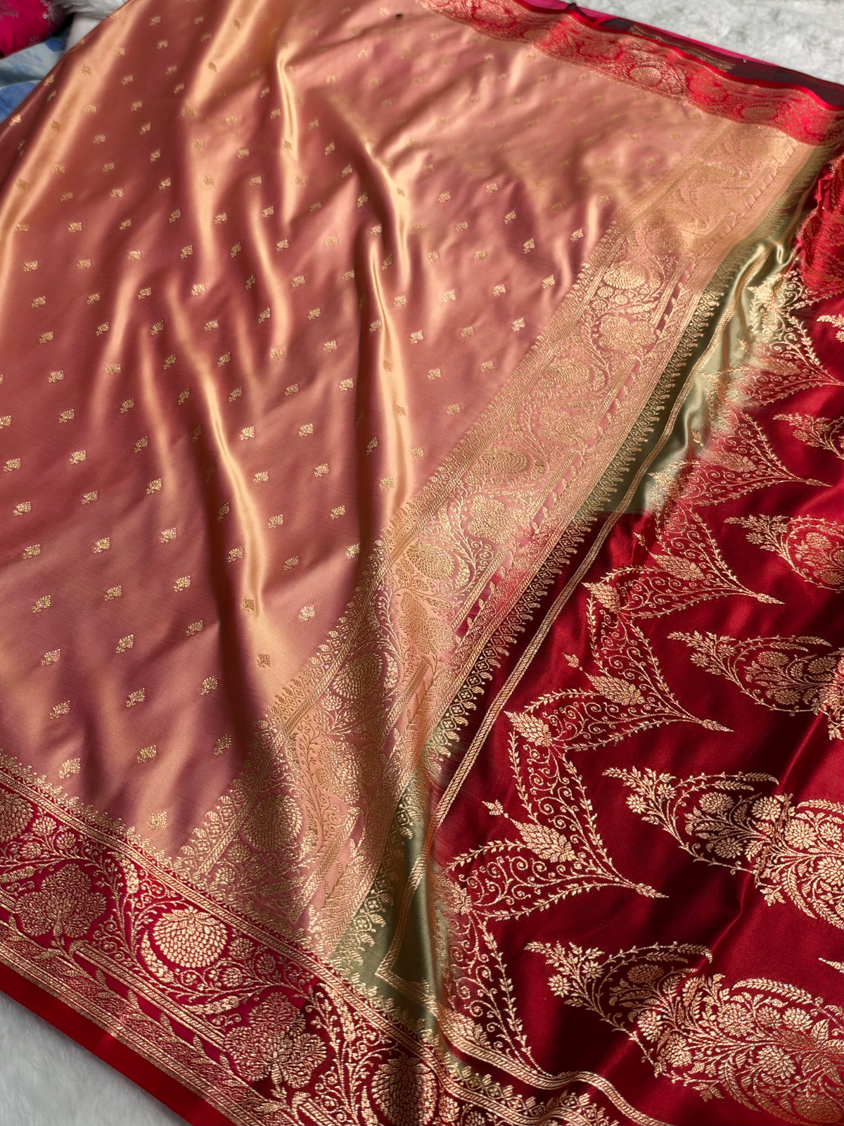 Banarasi Satin Katan Saree Floral Booti Pattern in Contrast Rose Gold / Maroon Shades SK153