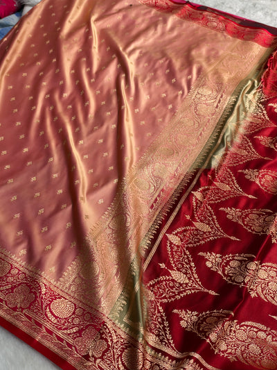 Banarasi Satin Katan Saree Floral Booti Pattern in Contrast Rose Gold / Maroon Shades SK153