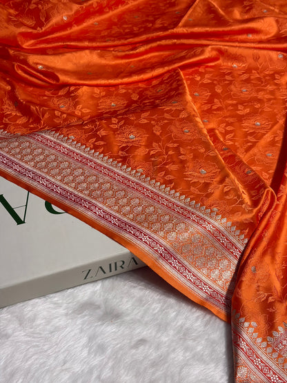 Orange Minakari Tanchoi Floral Booti Mashru Silk Saree MS59
