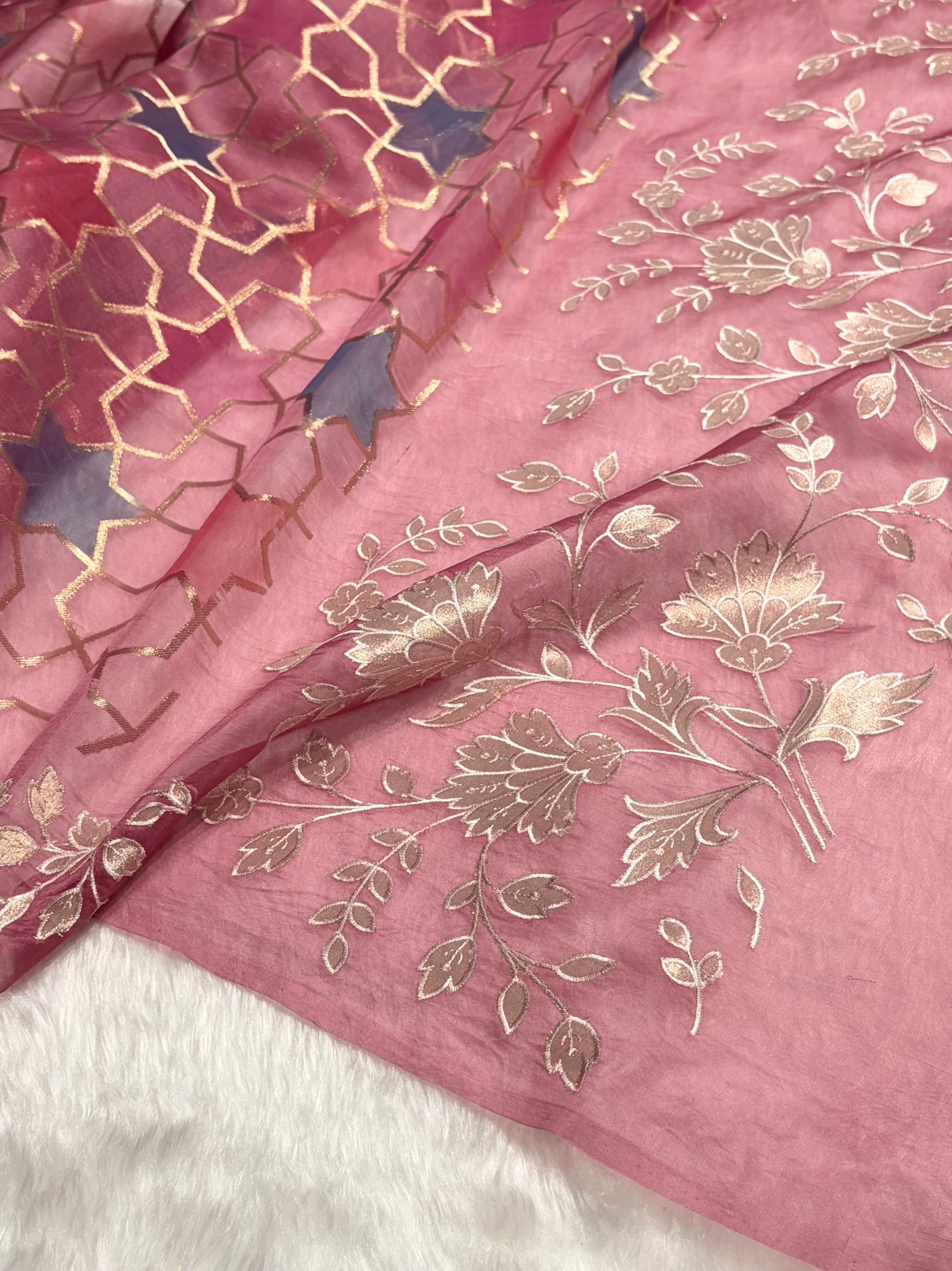 Pure Organza Rangkat Rani Floral Border Banarasi Silk Saree PO-08