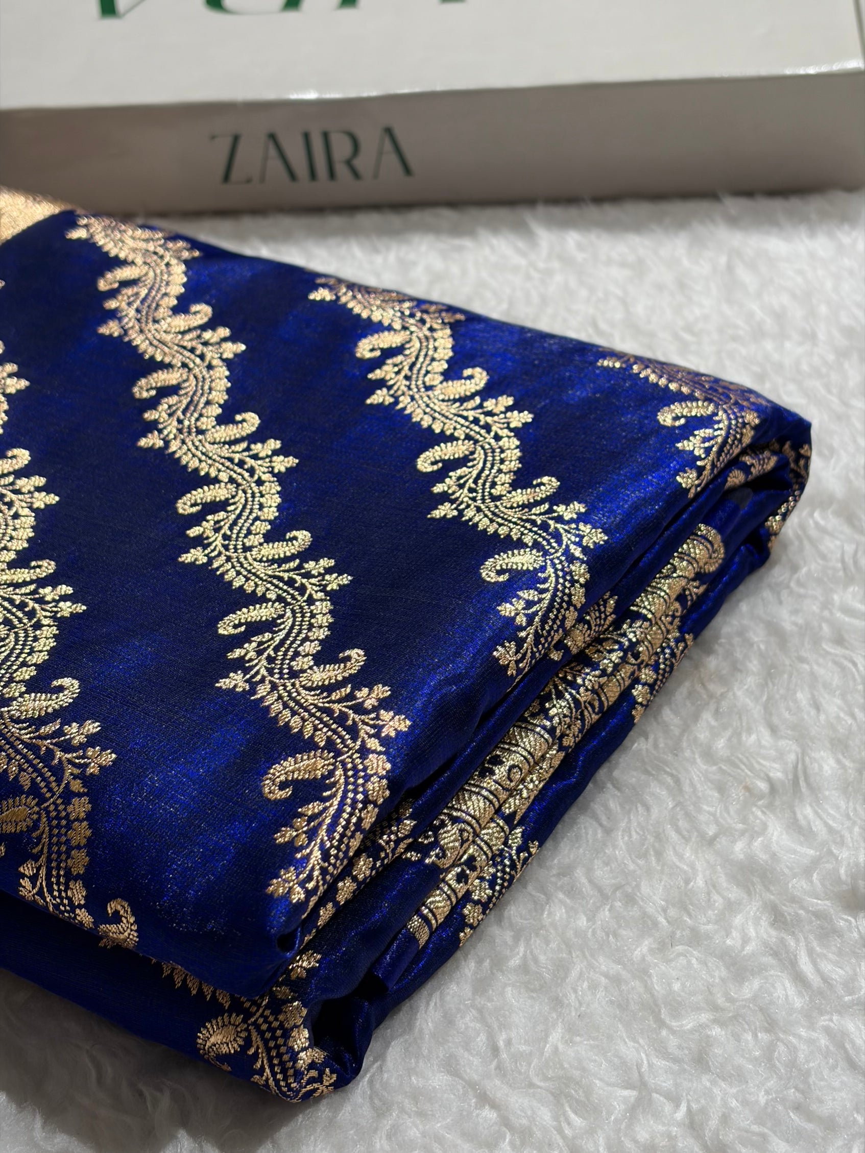 Royal Blue Shades Cross Pattern Banarasi Satin Silk Saree SS39
