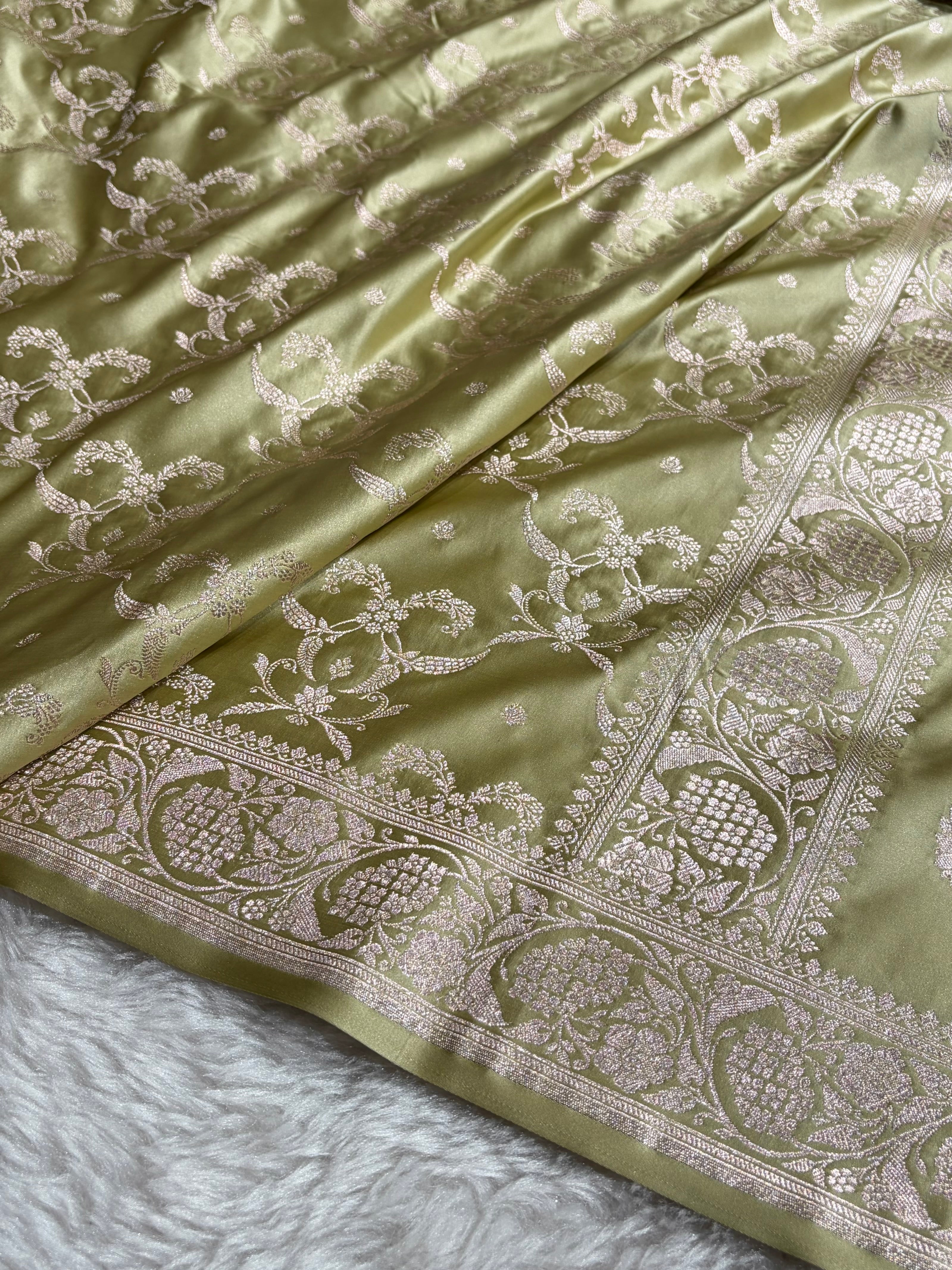 Pista Shades Banarasi With Floral Jaal Pattern Mashru Silk Saree MSM-134