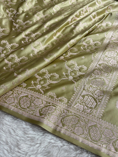 Pista Shades Banarasi With Floral Jaal Pattern Mashru Silk Saree MSM-134