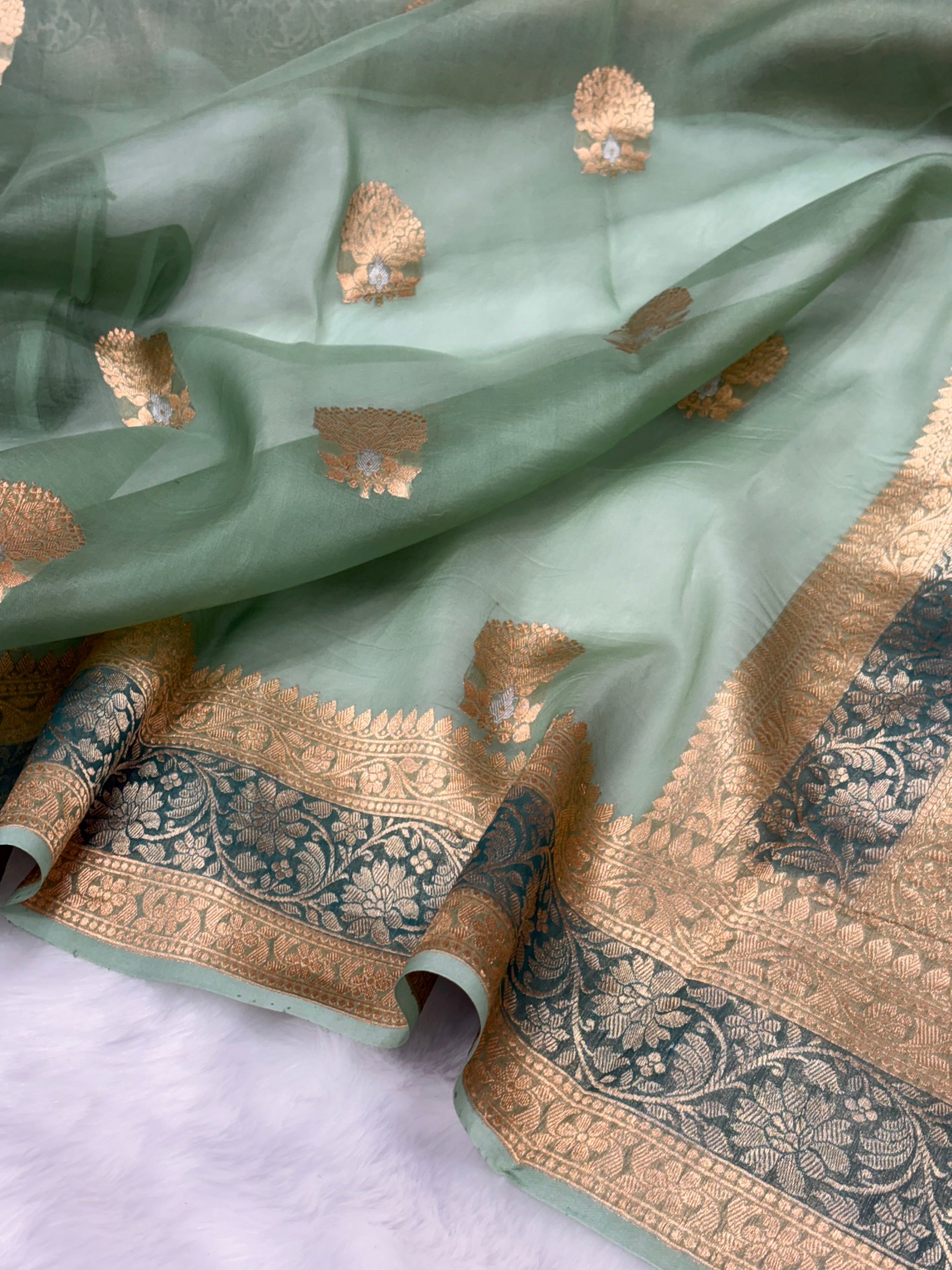 Pure Organza Light Green Meena Floral Banarasi Silk Saree PO-04