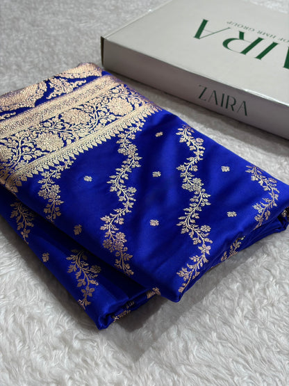 Banarasi Satin Katan Saree With Boota in Royal Blue Shades SK108