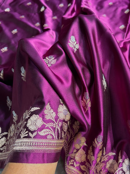 Banarasi Dark Wine Boota With Floral Border Mashru Silk Saree MSM-85