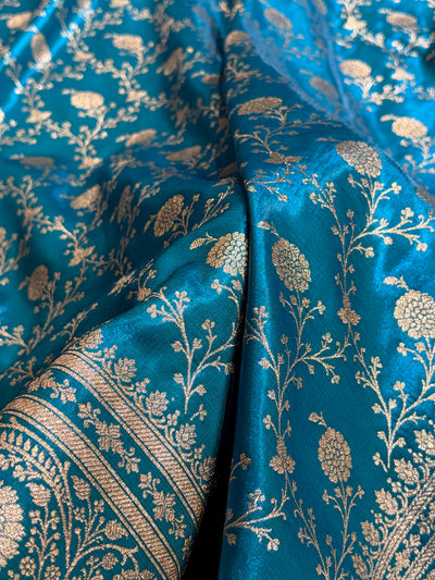 Firozi Shades Jaal Pattern Banarasi Satin Silk Saree SS55