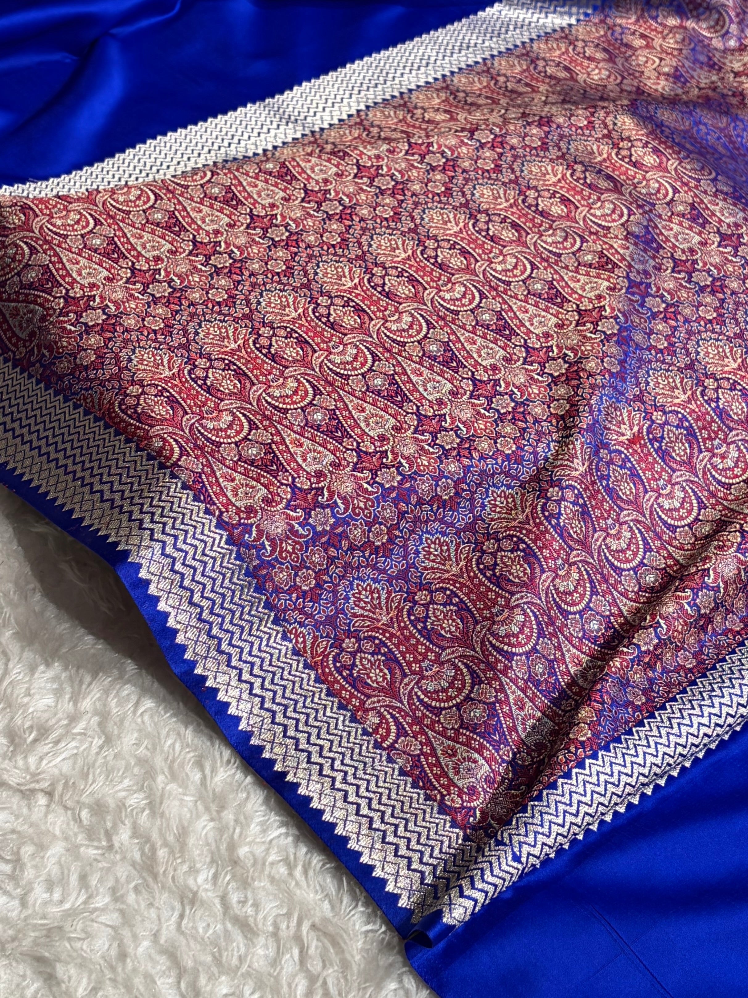 Premium Banarasi Satin Katan Saree Plain With Tanchoi Blouse in Royal Blue Shades SK129