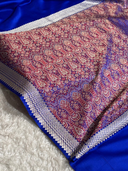 Premium Banarasi Satin Katan Saree Plain With Tanchoi Blouse in Royal Blue Shades SK129