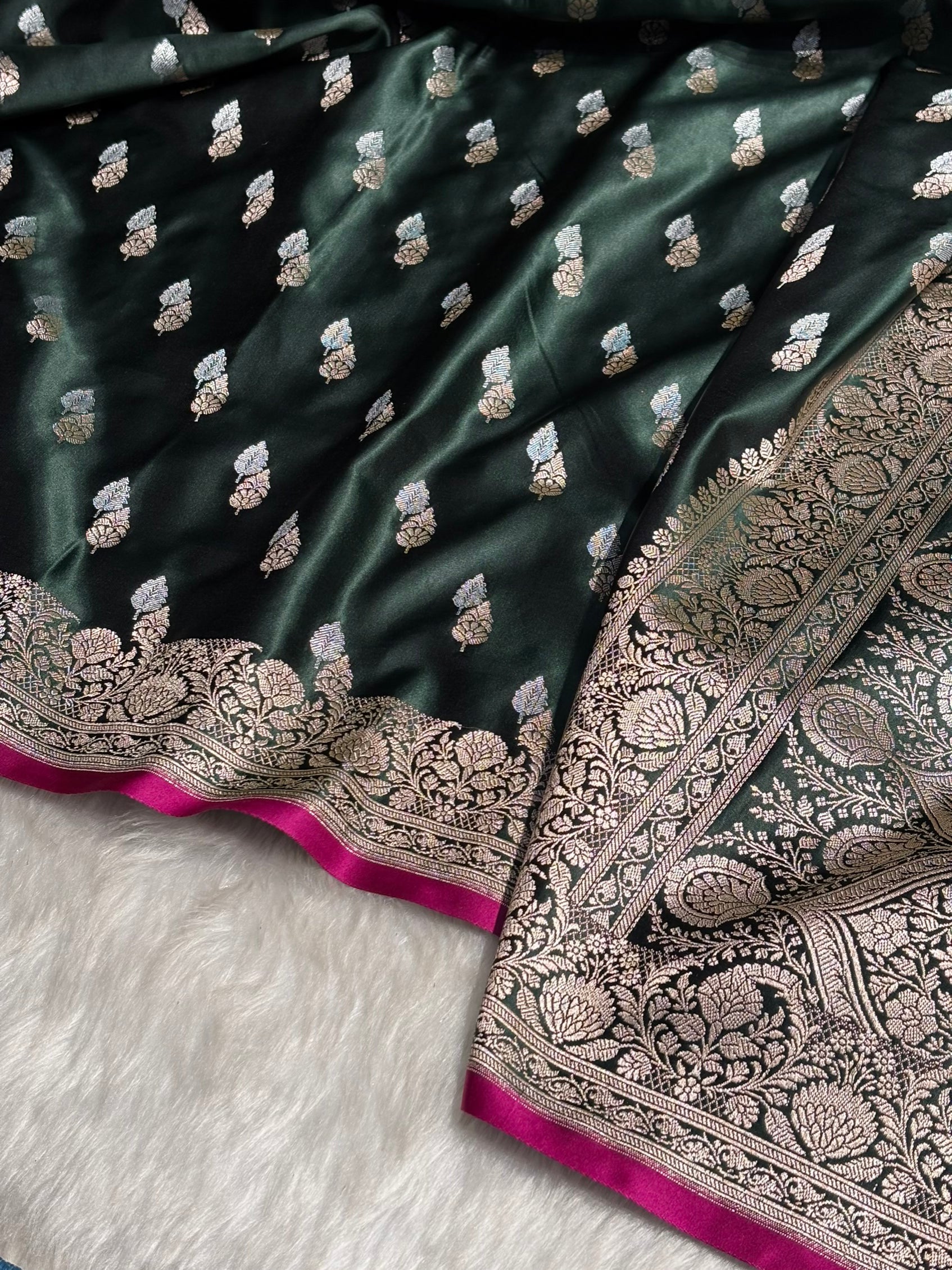 Dark Bottle Green Shades Floral Booti Mashru Silk Saree MSM-69