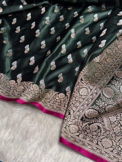 Dark Bottle Green Shades Floral Booti Mashru Silk Saree MSM-69