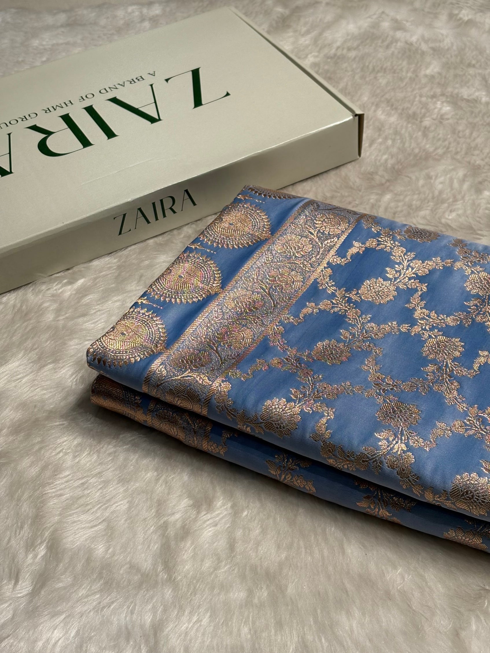 Nile Blue Jaal Pattern Satin Katan Silk Saree SK25