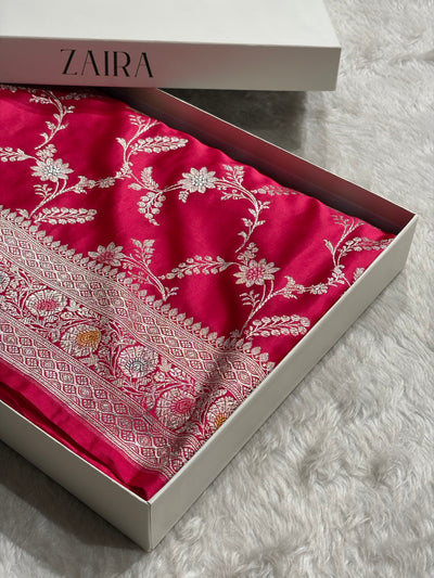 Banarasi Pattern Minakari Jaal Rani Shade Mashru Silk Saree MCS23