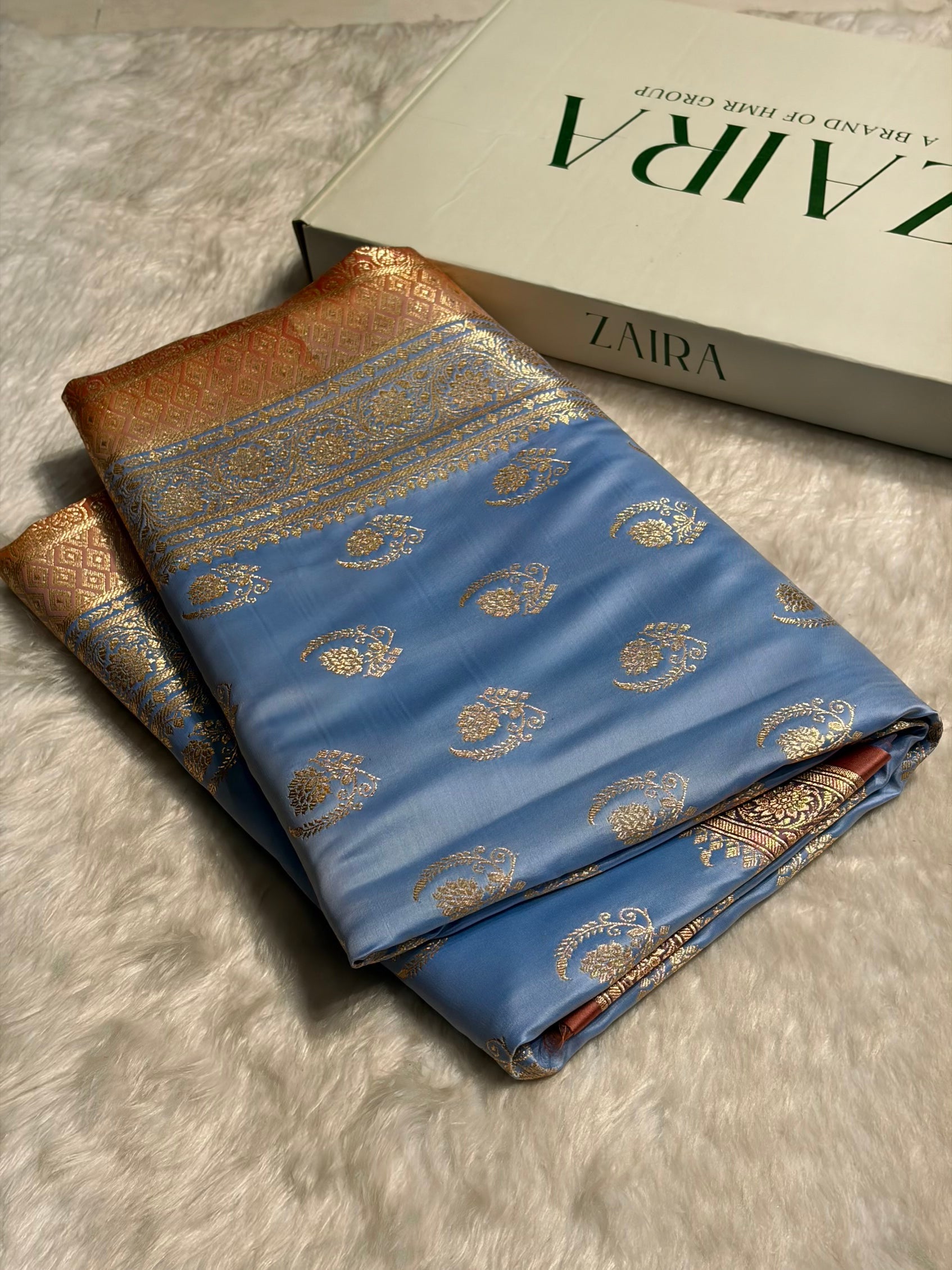Nile Blue with Peach Floral Boota Satin Katan Silk saree SK27