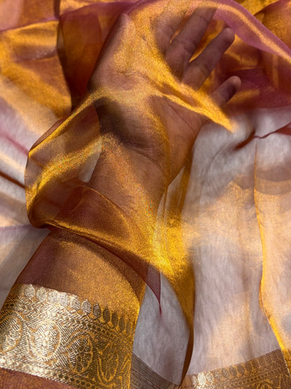Copper Shades Pure Tissue Silk Saree with Brocade Blouse PT-09