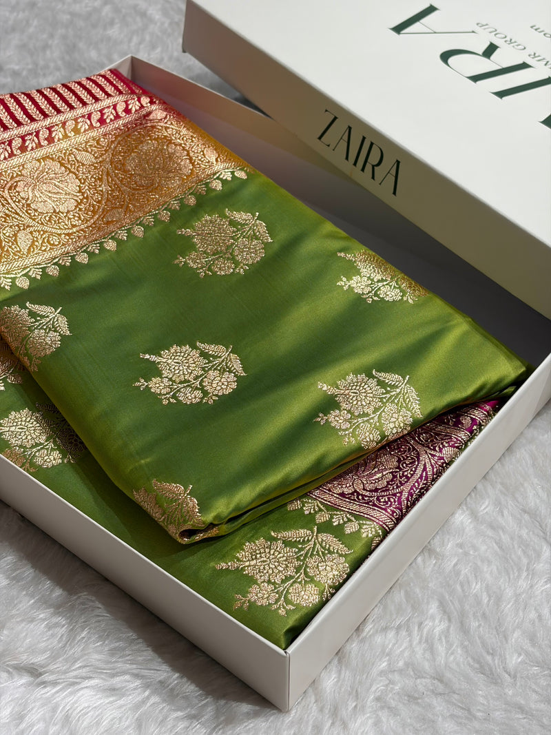 Contrast Banarasi Satin Katan Saree Booti Pattern in Mahndi/ Rani Shades SK140