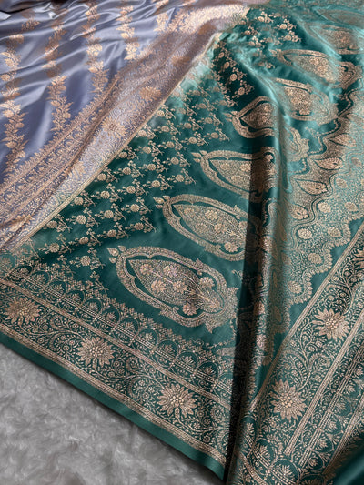Powder blue / Teal green Contrast Satin Katan Saree Floral Cross Pattern SK155