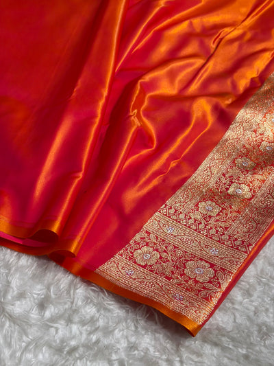 Pinkish Orange Shades Minakari Boota Pattern Banarasi Satin Silk Saree SS44