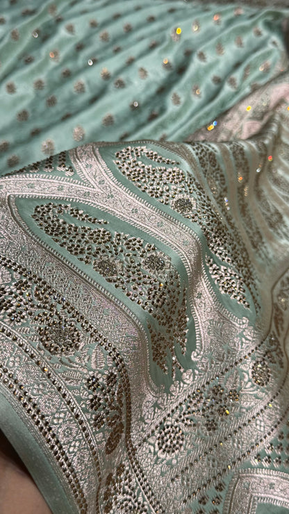 Sea Green Shades Tanchoi Motif With Swarovski Work Mashru Silk Saree BMST-10