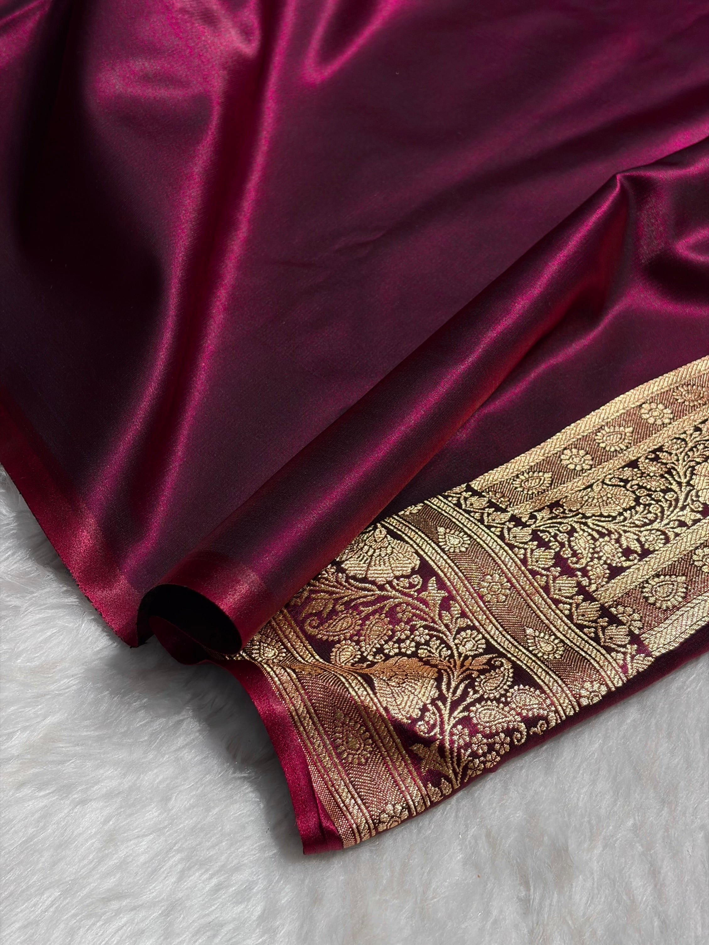 Banarasi Satin Silk Saree With Gotta Patti Floral Boota in Wine Shades SSGP26